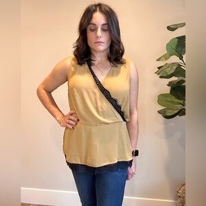 Pleione Mustard Sleeveless Blouse with Black Lace Accent